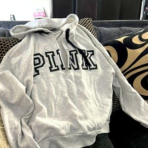 Used Pink hoodie, light gray, good condition, sits a little below waist